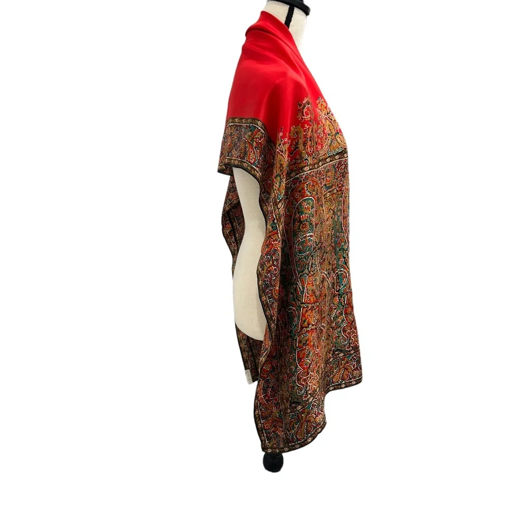 PERRY ELLIS RED, BLACK & GREEN TAPESTRY DESIGN 100% SILK SCARF